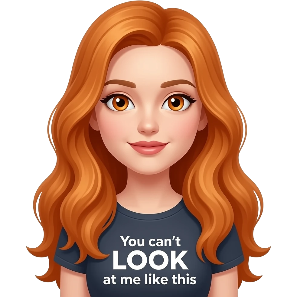 sexy girl with overlong ginger hair and ginger eyes a top with You can't LOOK at me like this written on it emoji