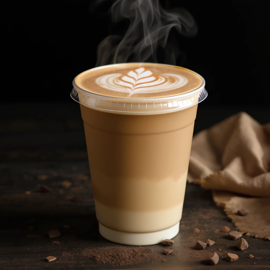 hot foaming latte in a plastic to-go cup, steam rising, realistic details emoji