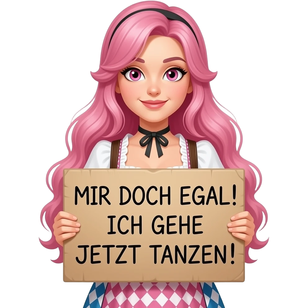 sexy girl with long pink hair and pink eyes wearing a dirndl holding a MIR DOCH EGAL! ICH GEHE JETZT TANZEN! sign emoji