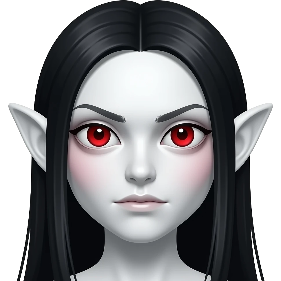 사악한 흰 피부. 붉은 동공. 살색 커다란 귀. 큰 눈. 창백한. 붉은 홍조. 사악한 검정 머리.무표정. 가르마 긴 생머리. emoji