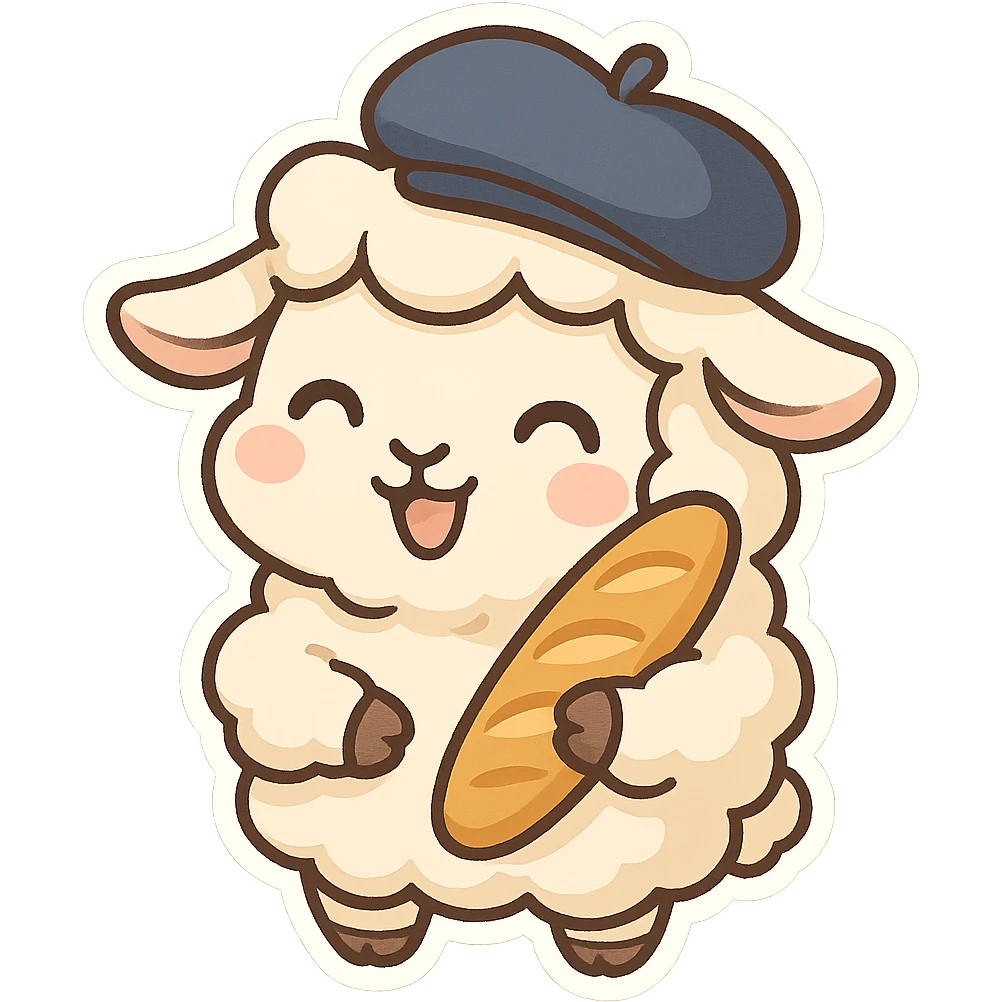 French sheep with a beret, carrying a baguette, cheerful style, chibi stickers style emoji
