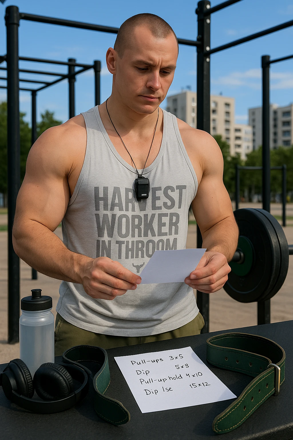 un uomo prepara con cura il suo set di pesi e la cintura per streetlifting, controllando una lista di esercizi e ripetizioni scritta su un foglio. Accanto a lui, una borraccia e delle cuffie. L’espressione è serena e sicura, a sottolineare l’importanza della programmazione per un allenamento efficace. Lo sfondo è un’area fitness urbana, pulita e ben attrezzata. emoji