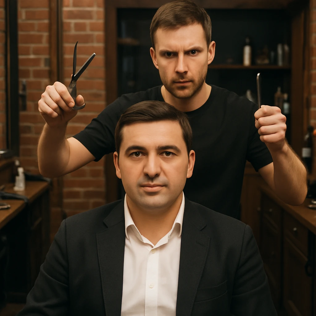 manashu akani yuzlaridan foydalanib sartarosh chizib bergin u soch olishga tayyor turganini chizib ber old rakursda bulsin mijoz tugriga qarab utirganini va sartarosh uni orqasida turib bitta ulida qaychi, ikkta quli bilan tayyorgarlik kurib turganini chizib ber xuddi 1,2,3 boshladik degandey birdaniga ishga kirishib ketadigan dek tayyor bulib tursin emoji