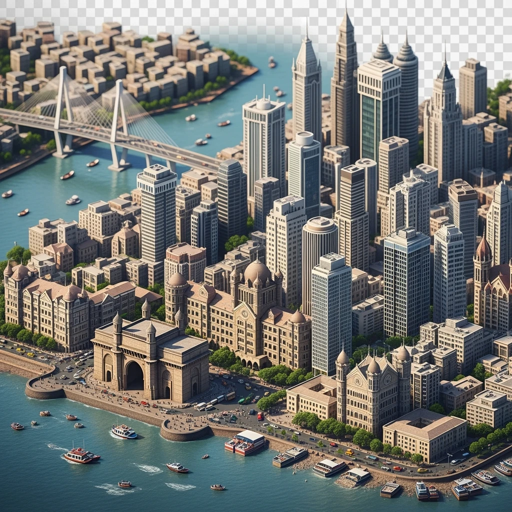 Isometric miniature of Mumbai city, featuring iconic landmarks like Gateway of India, Bandra-Worli Sea Link, Chhatrapati Shivaji Terminus,  clustered high-rises and skyscrapers, 3D miniature effect and Tilt Shift effect, no cartoonish look, transparent background. emoji