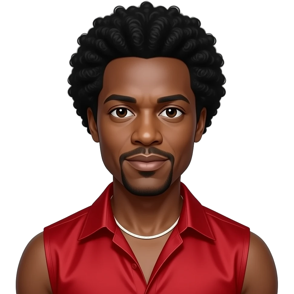 Maurice White from Earth,Wind and Fire with dark brown eyes, black afro, red silk sleeveless shirt, white necklace emoji