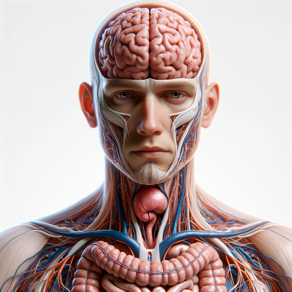 corpo umano anatomico con cervello, intestino e stomaco in evidenza, espressione neutra in volto, posa frontale, iperrealistico 4k, isolato su sfondo bianco emoji