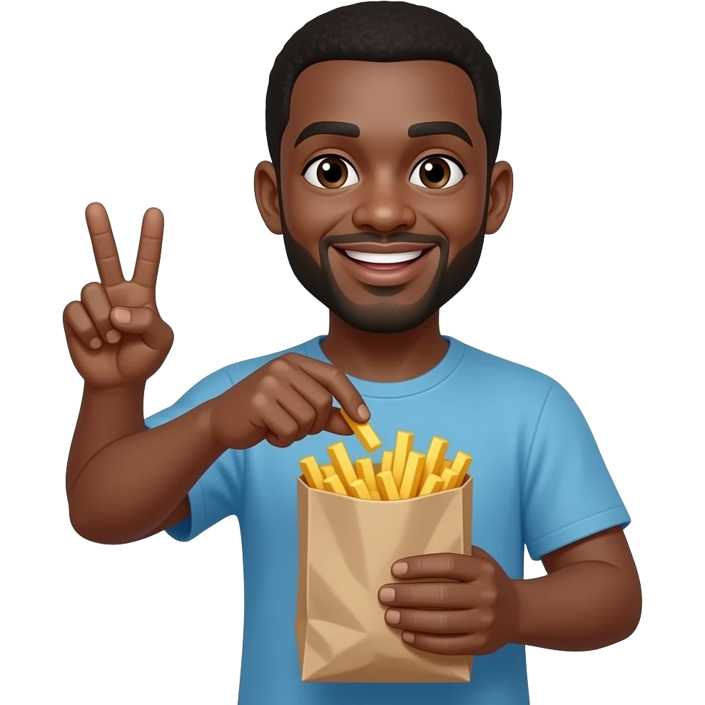 Black emoji Man putting the fries in the bag smiling , holding up the peace sign emoji