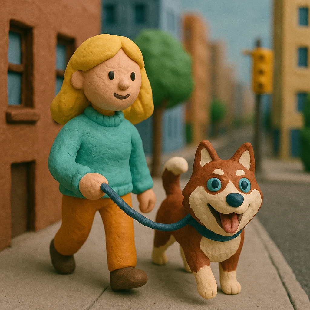 Cute Blonde woman wearing a sweater walking a happy red-brown blue-eyed Siberian husky in New York City on an upper east side city sidewalk  emoji