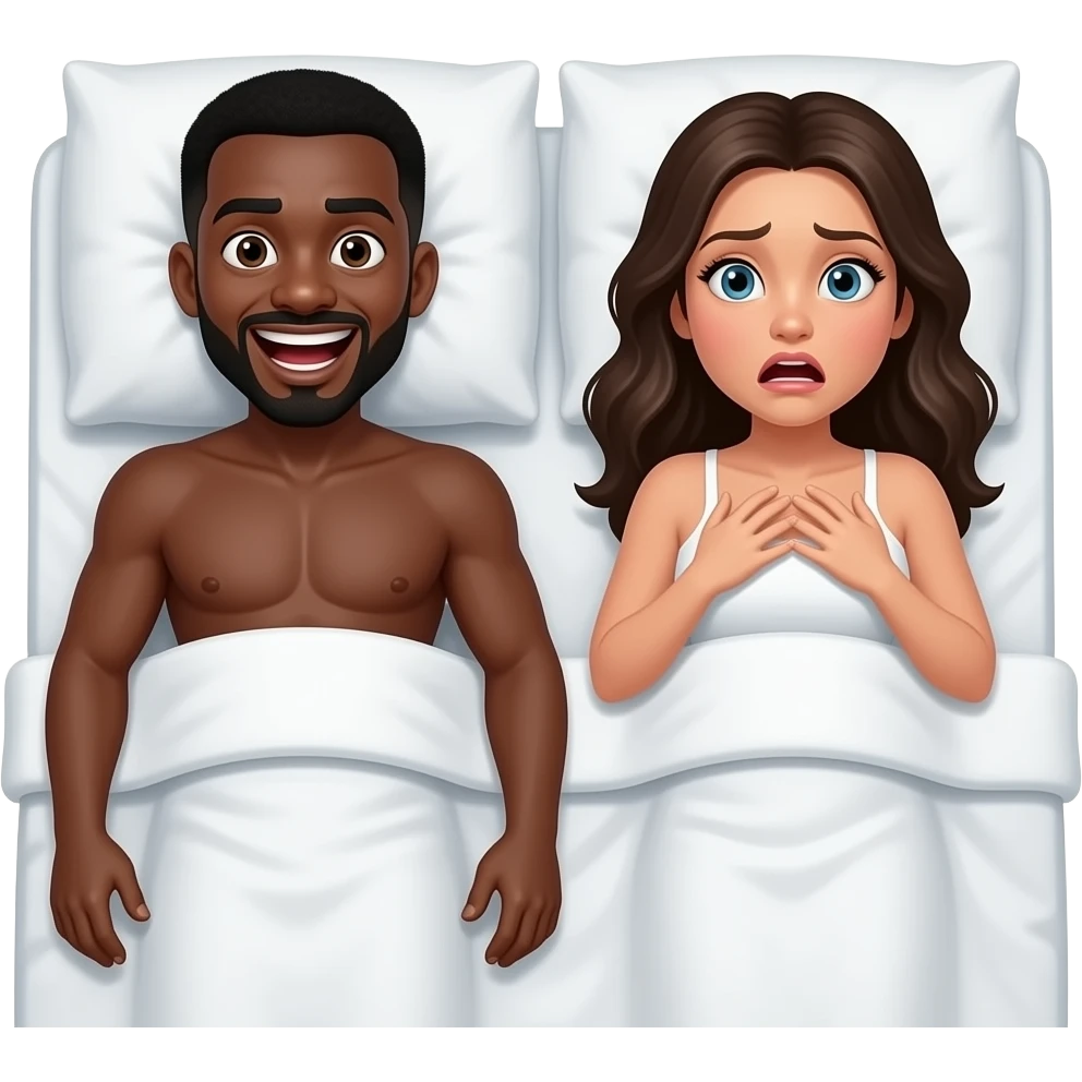 Black guy on a giant white bed with a girl no shirt up close scary laughing face for the black guy and girl is scared no shirt emoji