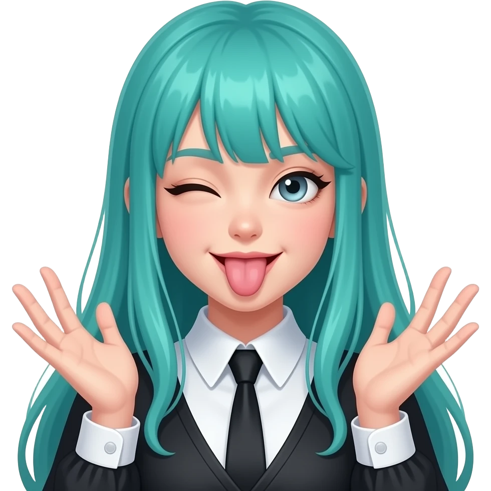 girl, winking, tongue out, silly hands long flowing teal hair, grey eyes, black shoulder cyberpunk blouse with fancy white collar emoji