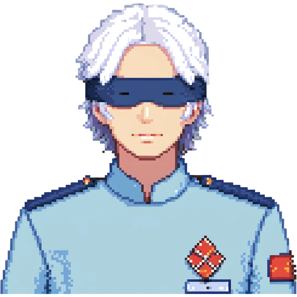 Satoru Gojo, white hair, blindfold, blue uniform, pixel art style emoji