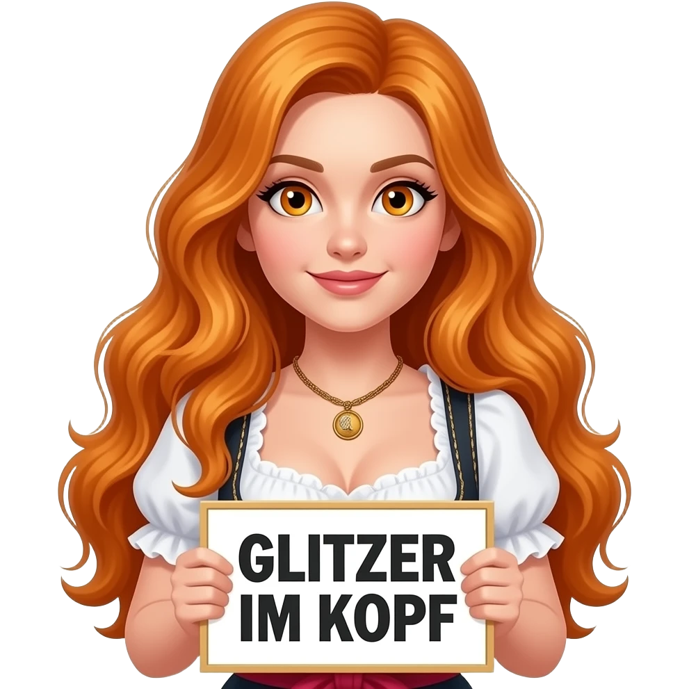 sexy girl with overlong ginger hair and ginger eyes wearing a dirndl holding GLITZER IM KOPF sign emoji