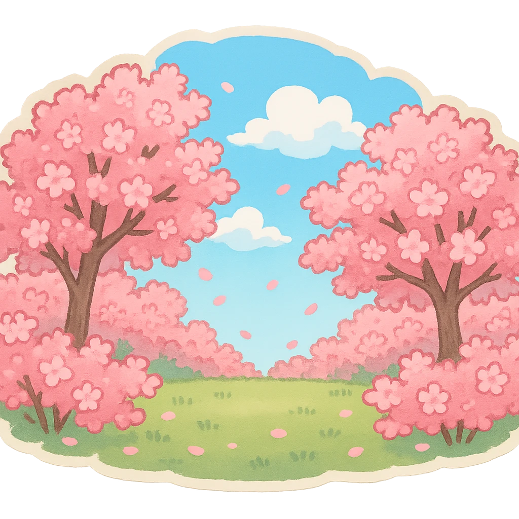 满是樱花的场景，中间一片空地，蓝天白云 emoji