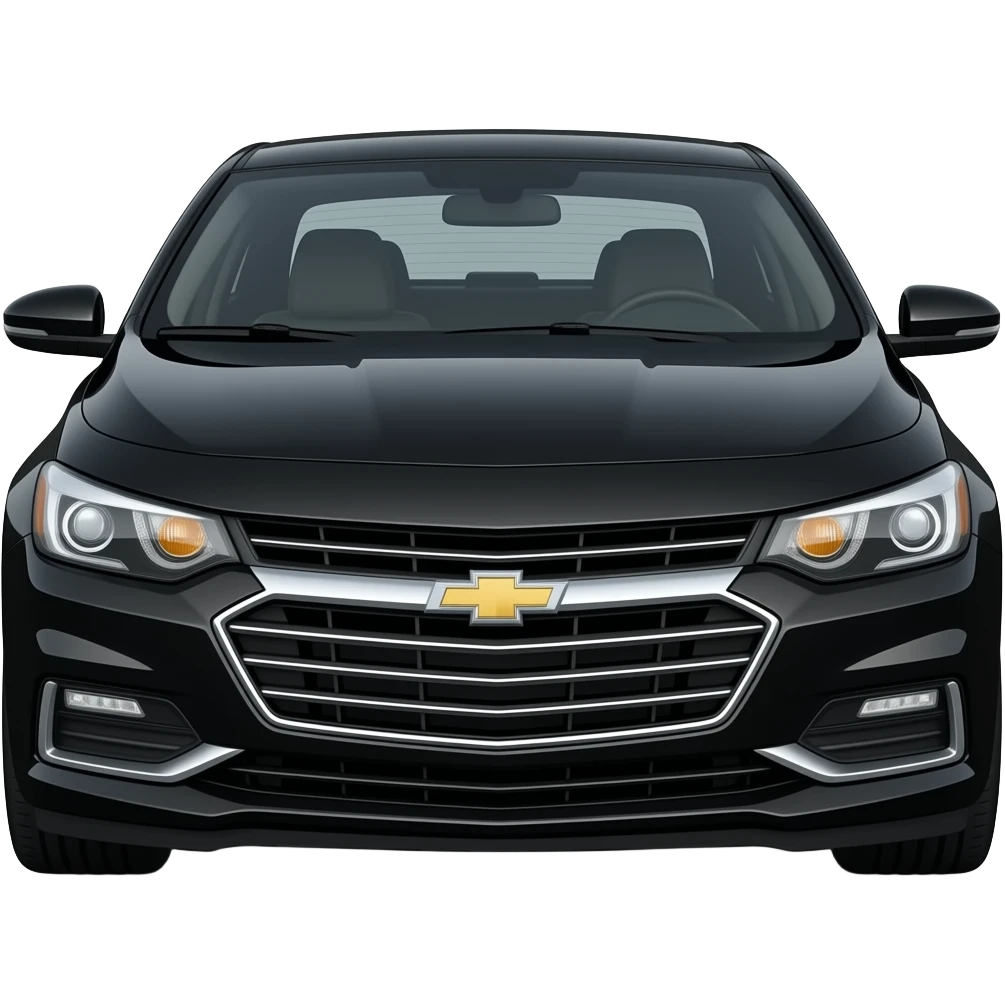 A realistic, high-detail photograph of a glossy black Chevrolet Malibu 2 Turbo Premier sedan with tinted windows and black alloy rims, on the front led lights emoji