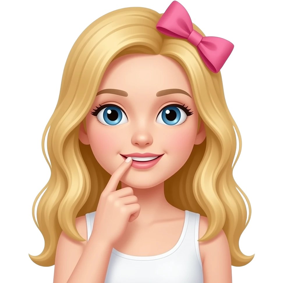 una chica con el pelo rubio y largo la camizeta de color blanco y un laso rosa el el pelo y que se muerda el dedo como katteyes si pero sin las orejas quitale las orejas emoji
