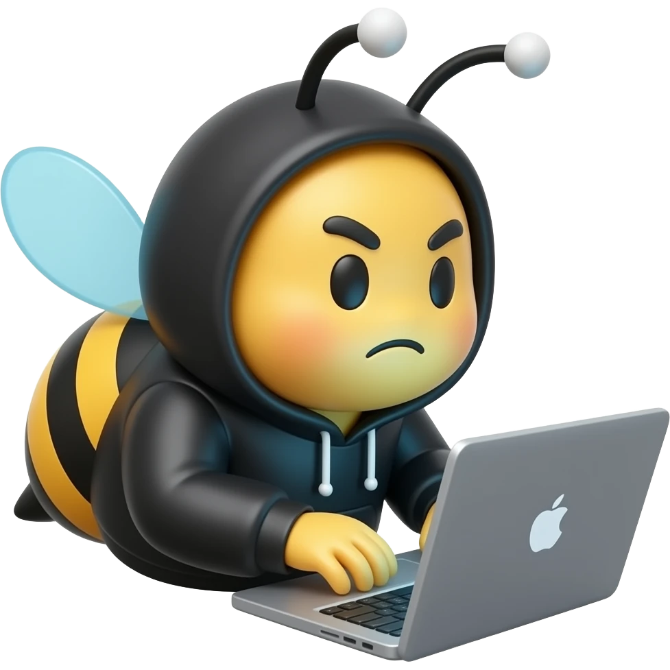 3D cartoon bee emoji, rounded chubby body, black and white stripes, wearing black hoodie, typing on laptop, focused serious expression, light blue transparent wings, black antennae with white round tips, smooth shiny surface, black background emoji
