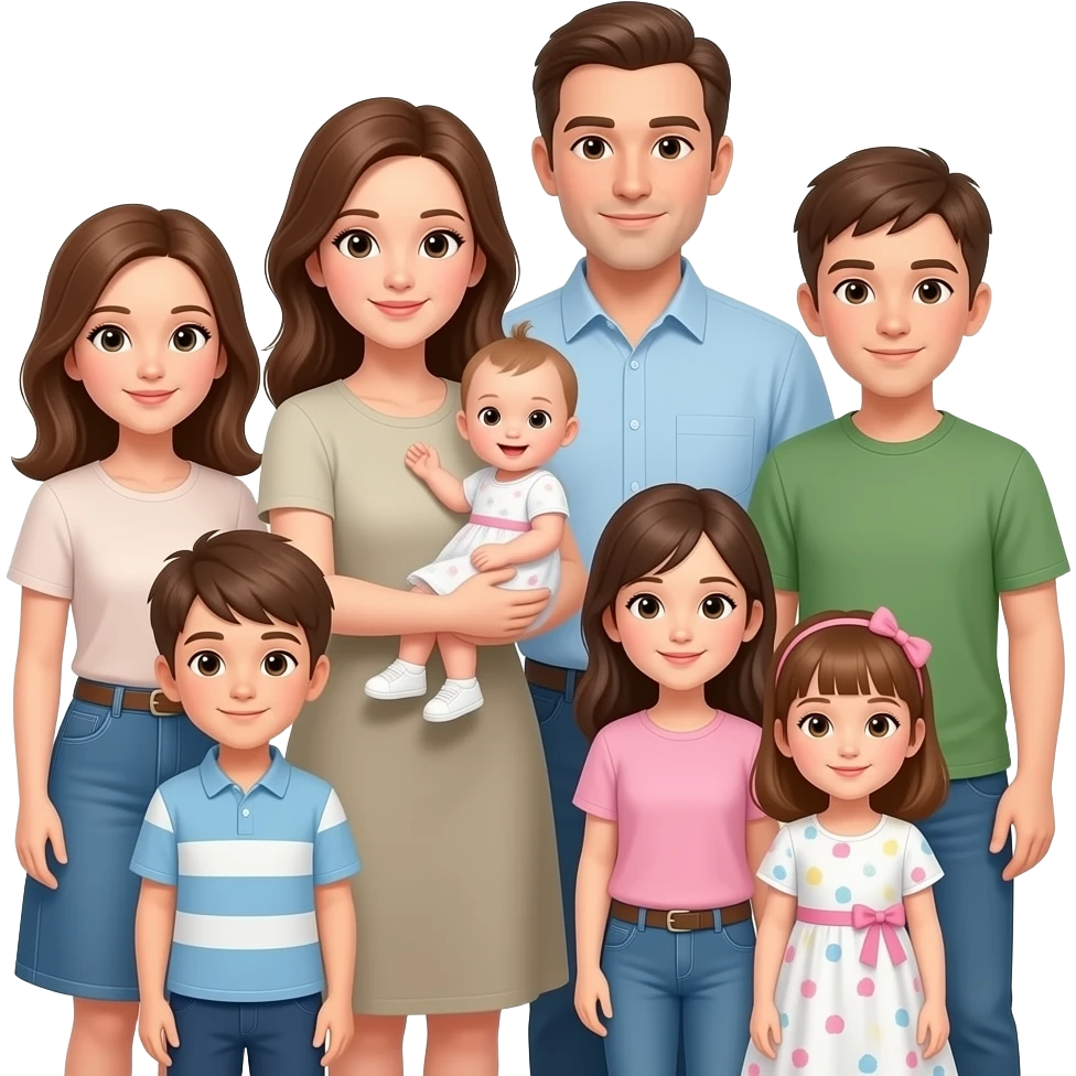 family of 8 white people and all with brown hair with 2 parents mom holding a baby girl and dad with 6 kids in age order- girl-13, boy-10, boy-10, girl-8, girl-1 emoji