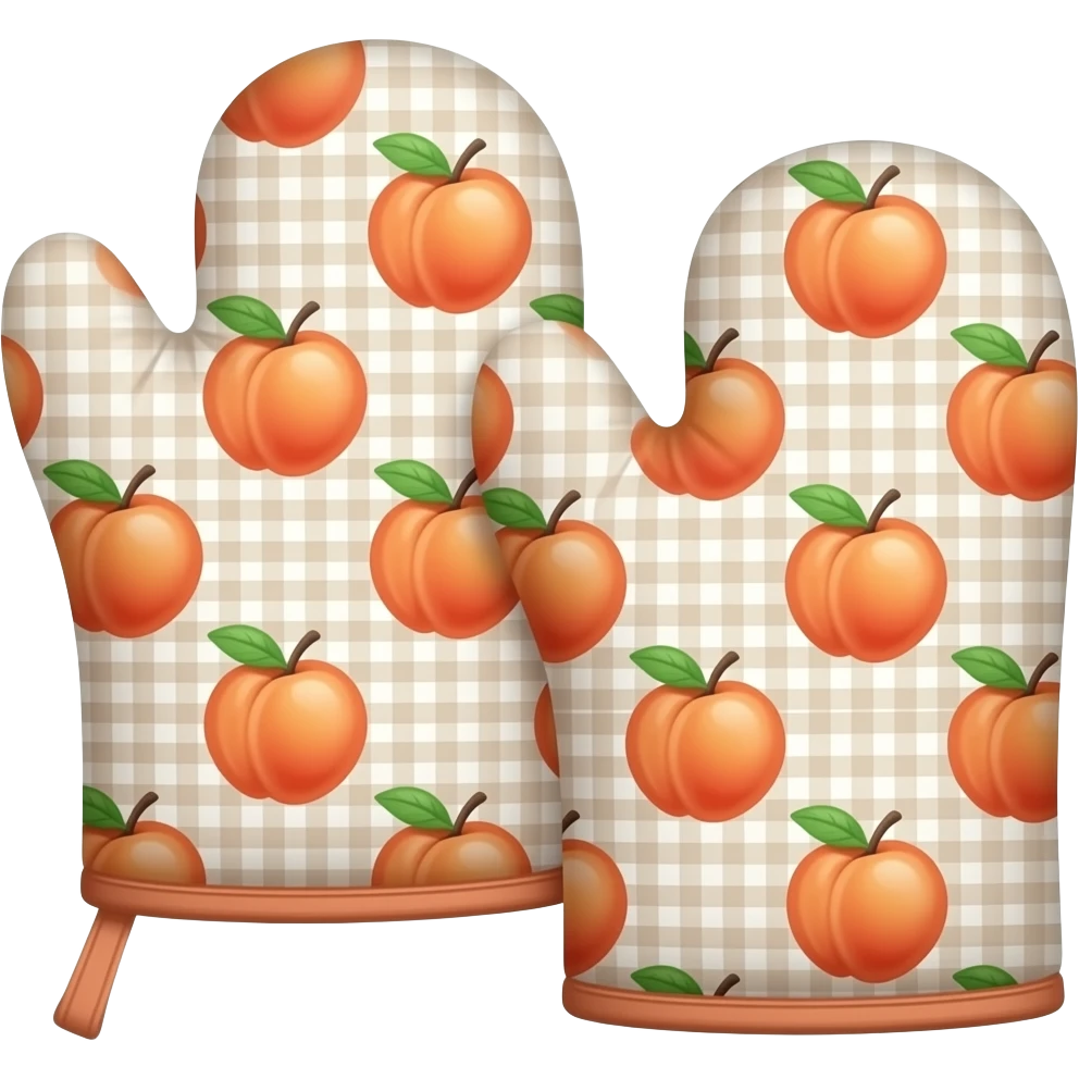 a pair of oven mitts with peach fruit print designs add light brown checkered print in behind the peaches emoji