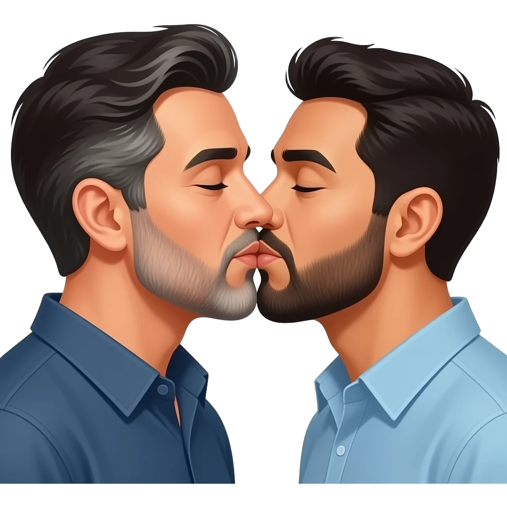 Two realistic Latino men with beards kissing passionate, both with beards and one with gray hair emoji