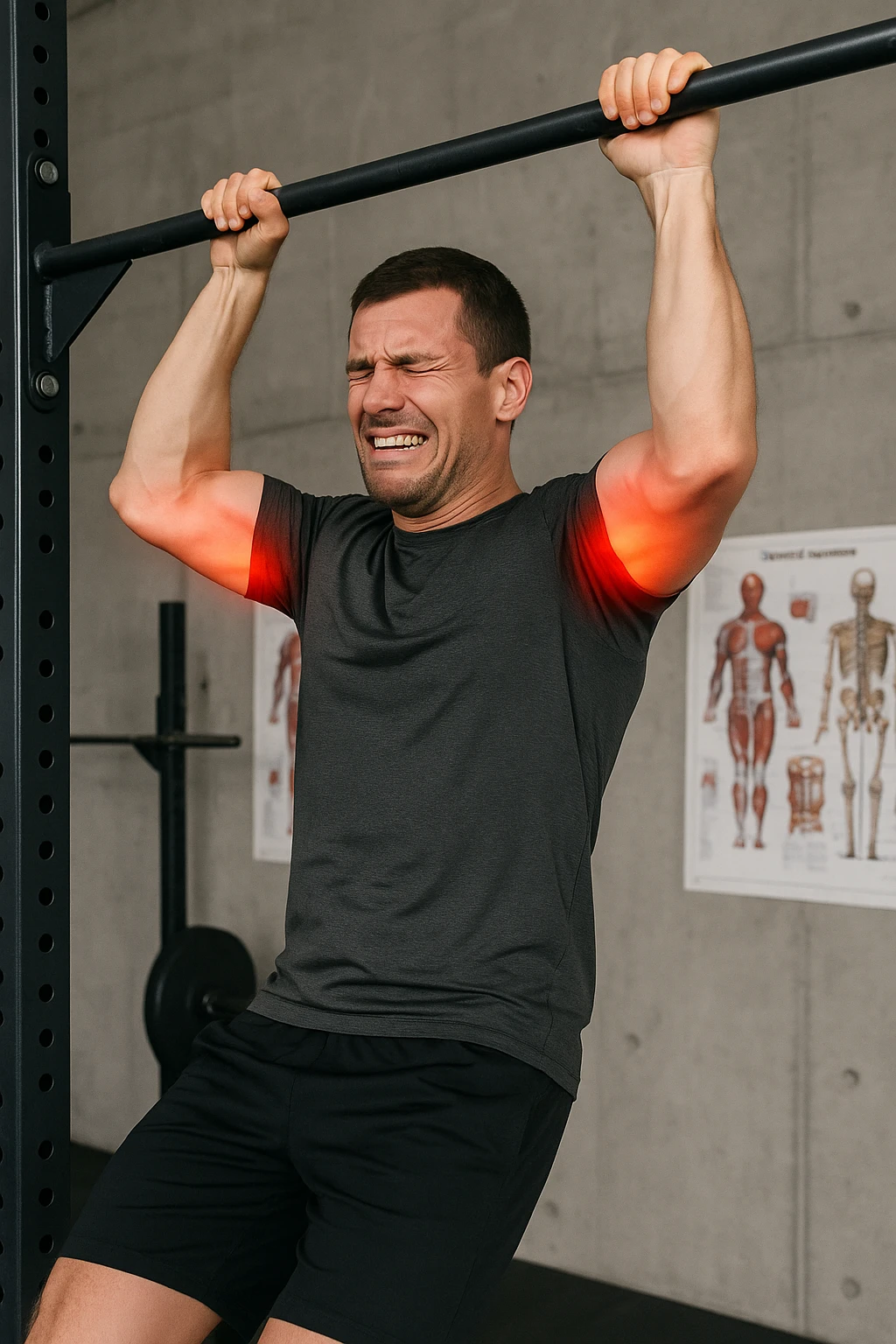 a man in athletic wear esegue una trazione alla sbarra in palestra. I suoi gomiti sono evidenziati con un alone rosso acceso o un effetto glow, indicando infiammazione. Un’espressione di dolore è visibile sul suo volto. Sullo sfondo, attrezzi da palestra e poster anatomici. L’atmosfera è educativa e realistica. emoji