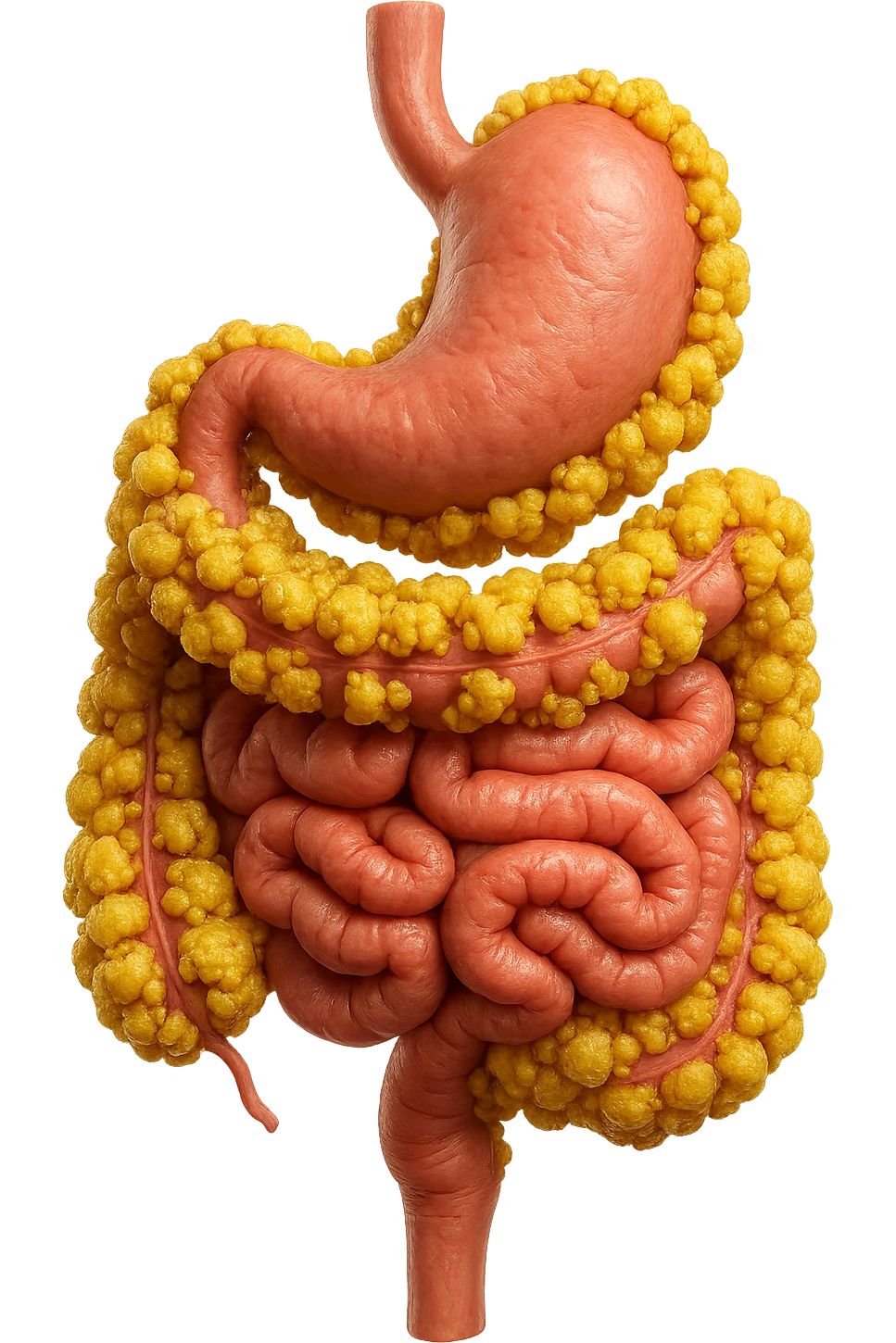 STOMACO E INTESTINO SONO VERTICALMENTE COLLEGATI E INTORNO A QUESTI ORGANI CI SONO CELLULE DI GRASSO GIALLE ATTACCATE SOPRA A GRAPPOLI, IPERREALISTICO 4K emoji
