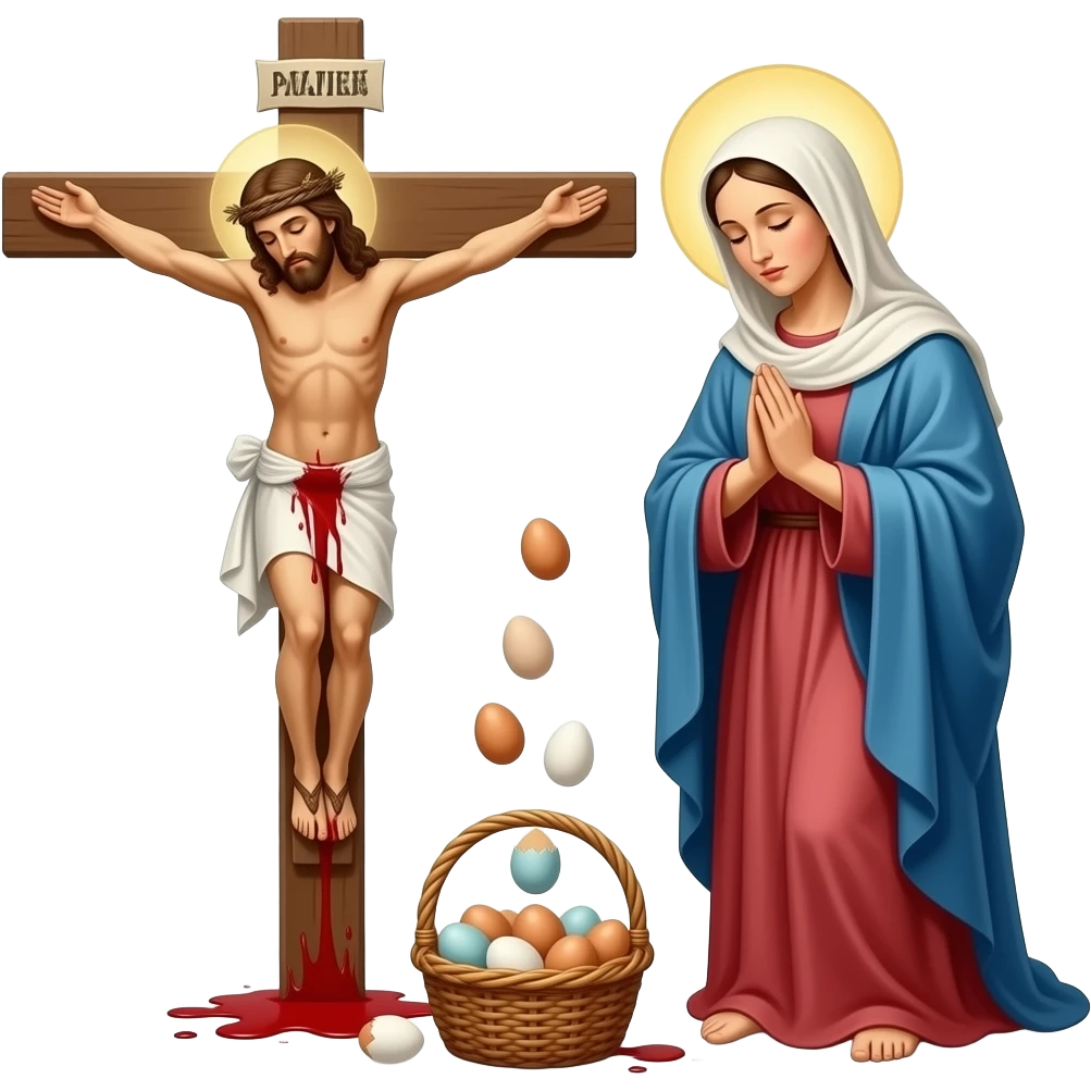 JESUS CRUCIFIED  on cross and blood coming down towards his mother maria eggs from a basket emoji