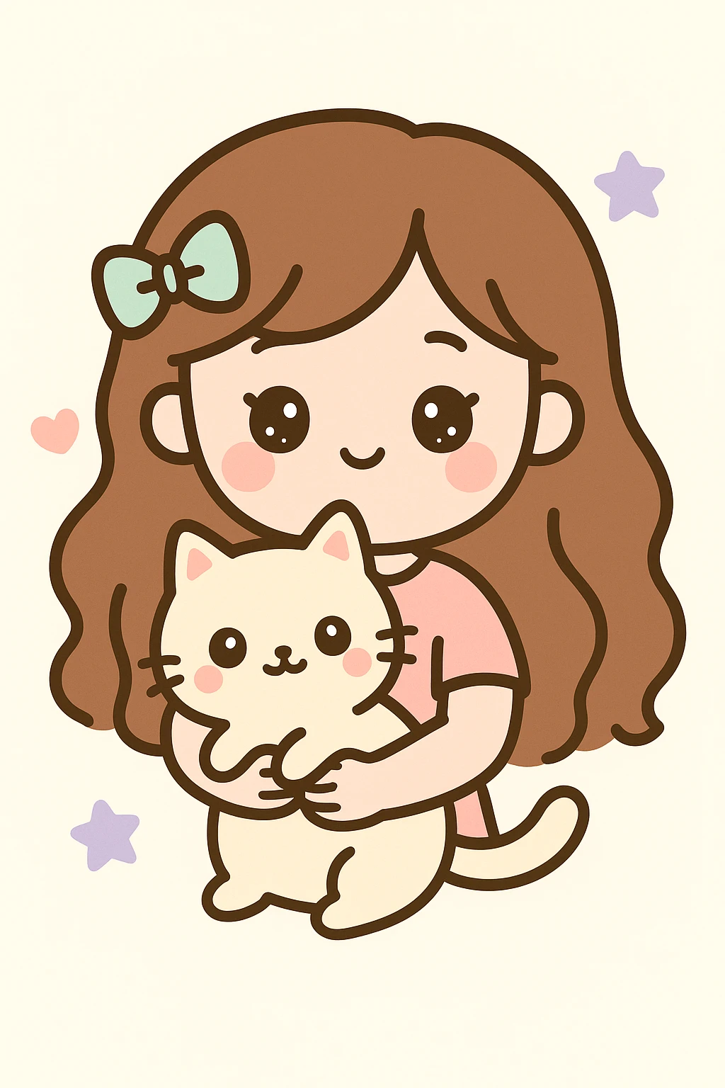 a girl with long wavy brown hair and brown eyes holding a cat, friendly and appealing style emoji