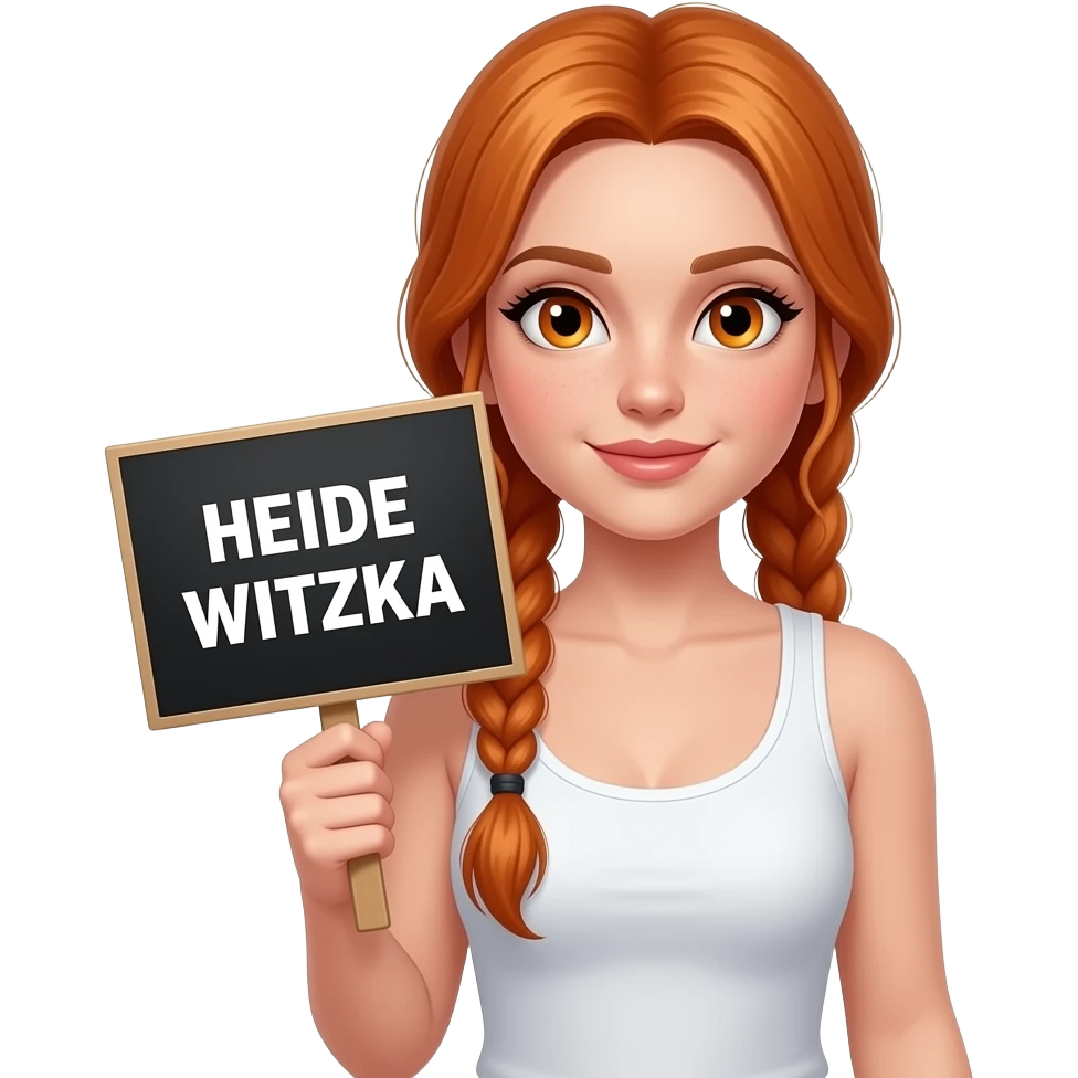 sexy girl with long ginger braids and ginger eyes wearing a white tanktop is holding a black sign with HEIDE WITZKA written on it emoji