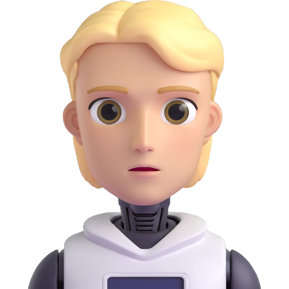 Minimalist male robot with blond hair, sharp jawline, intense eyes, white sweater, AI assistant emoji