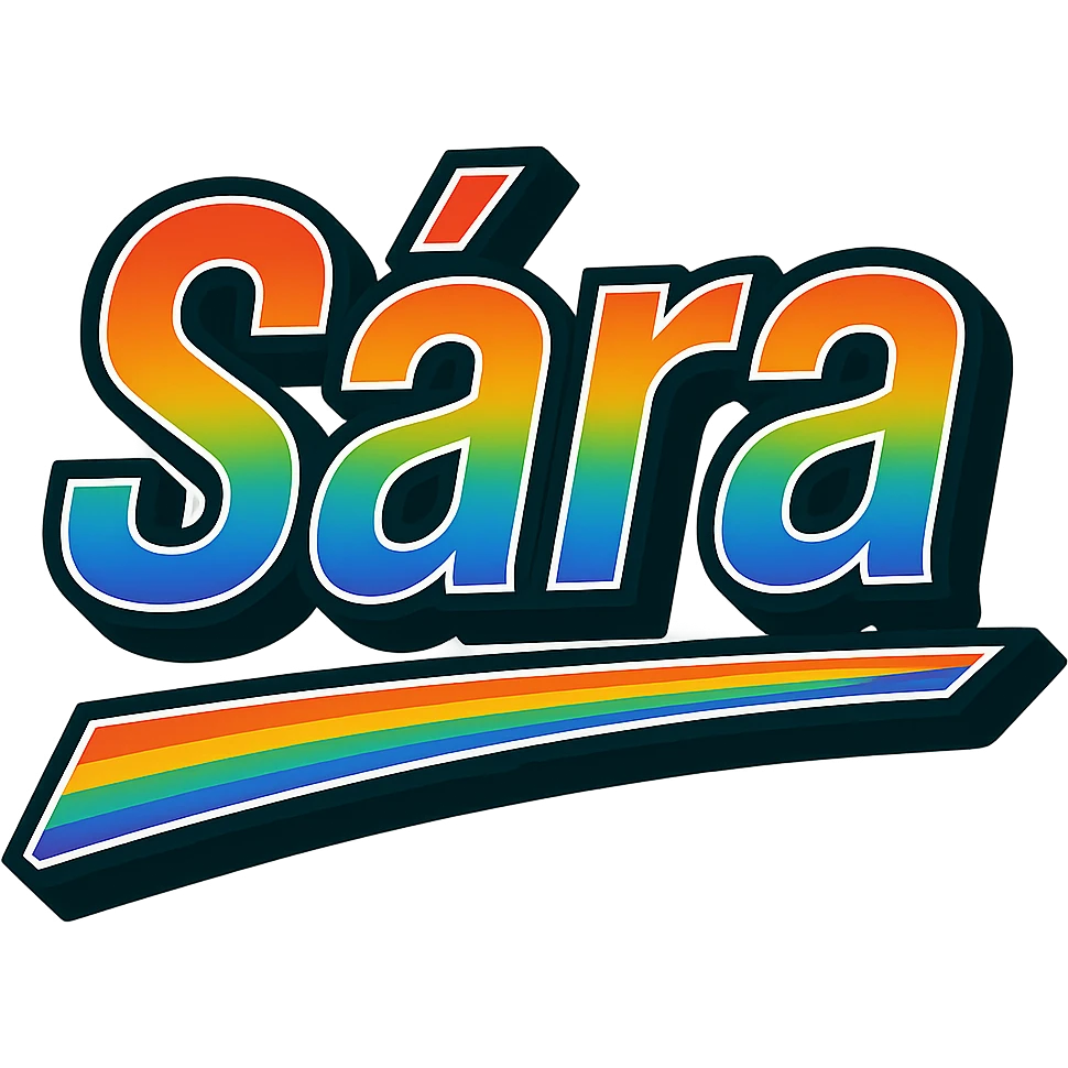 The name 'Sára' in modern, precise Hungarian letters with a rainbow gradient fill, extra thick white letter outline, dark contour, transparent background, dynamic slanted underline, styled like the sample images. emoji
