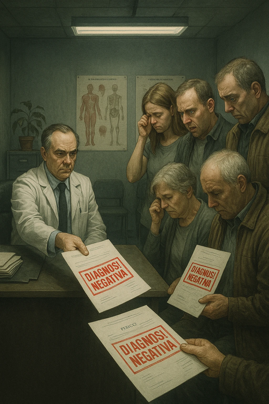 A realistic, cinematic illustration set in a dull, grey-toned medical office. A middle-aged male doctor in a white coat with a stern, cold expression is seated at his desk, handing out medical reports with large red ‘Negative Diagnosis’ stamps to each patient in line. The patients, of various ages and appearances, stand in a line, each looking increasingly sad, defeated, and demoralized as they receive their papers, with slumped shoulders and empty gazes. One young woman wipes away a tear, while a man stares at the paper in shock. The background shows medical posters, a faded plant, and harsh fluorescent lighting, emphasizing the cold, mechanical environment. The mood is heavy, illustrating how negative diagnoses delivered without empatia can deeply affect the mental health and morale of patients. The style is realistic, with subtle filmic grain, emphasizing emotional impact and the weight of medical words on people’s lives. in italiano emoji