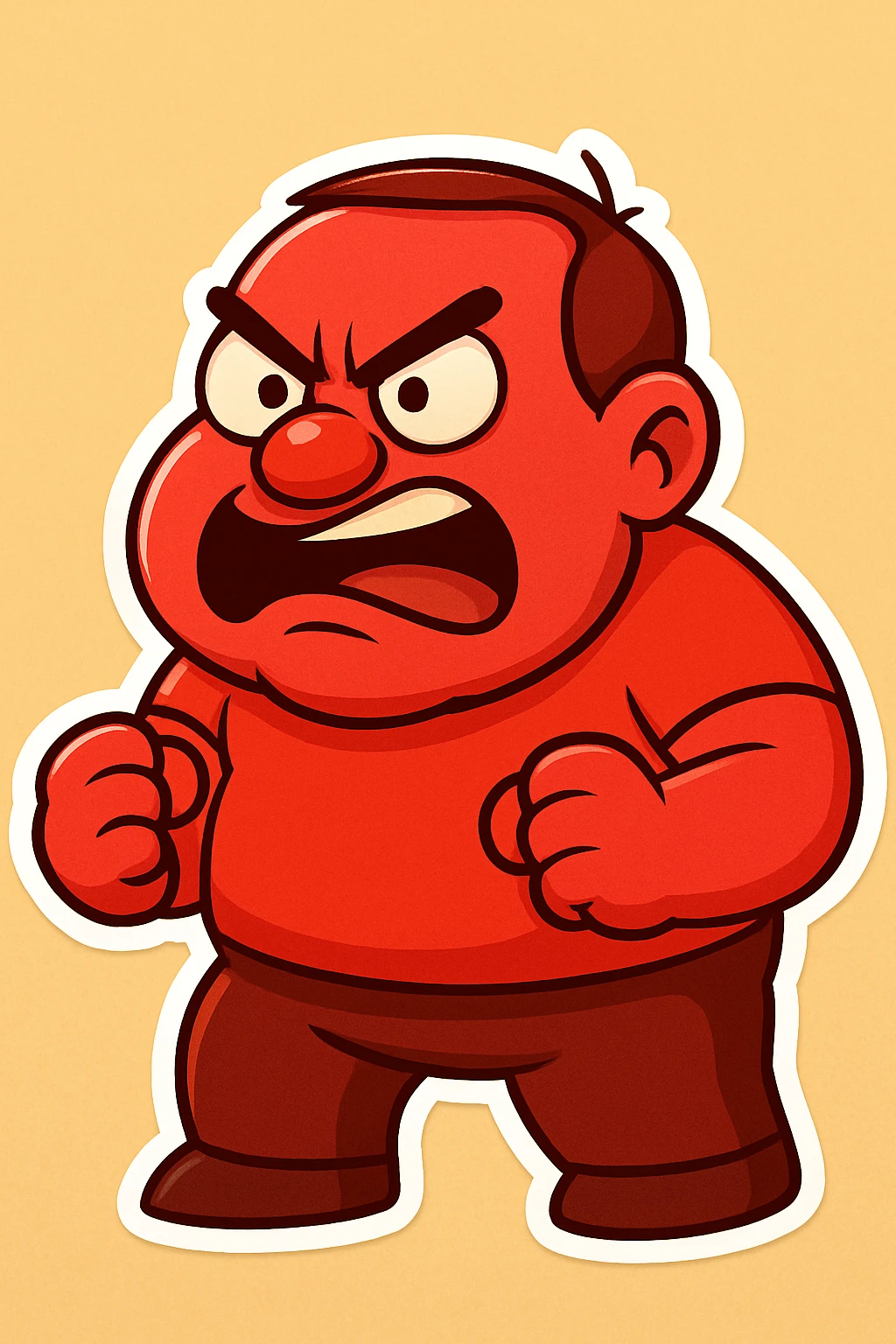 Make the man even more red in a cartoon style with exaggerated features and a bold expression, vibrant and expressive, chibi stickers style. emoji