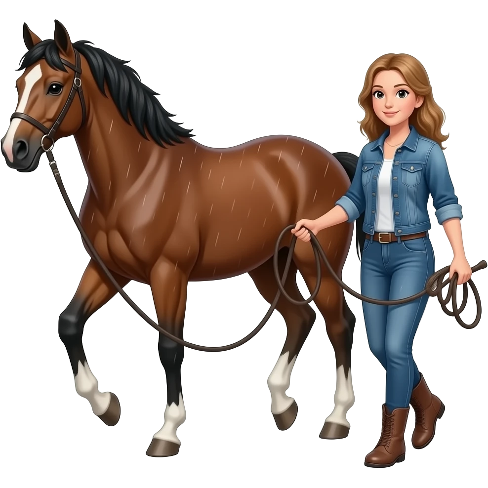 Lady in jeans leading horse in thunderstorm emoji