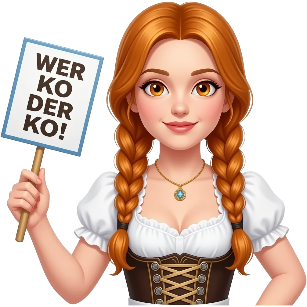 sexy girl with overlong ginger hair in braids and ginger eyes wearing a dirndl holding a WER KO DER KO! sign emoji