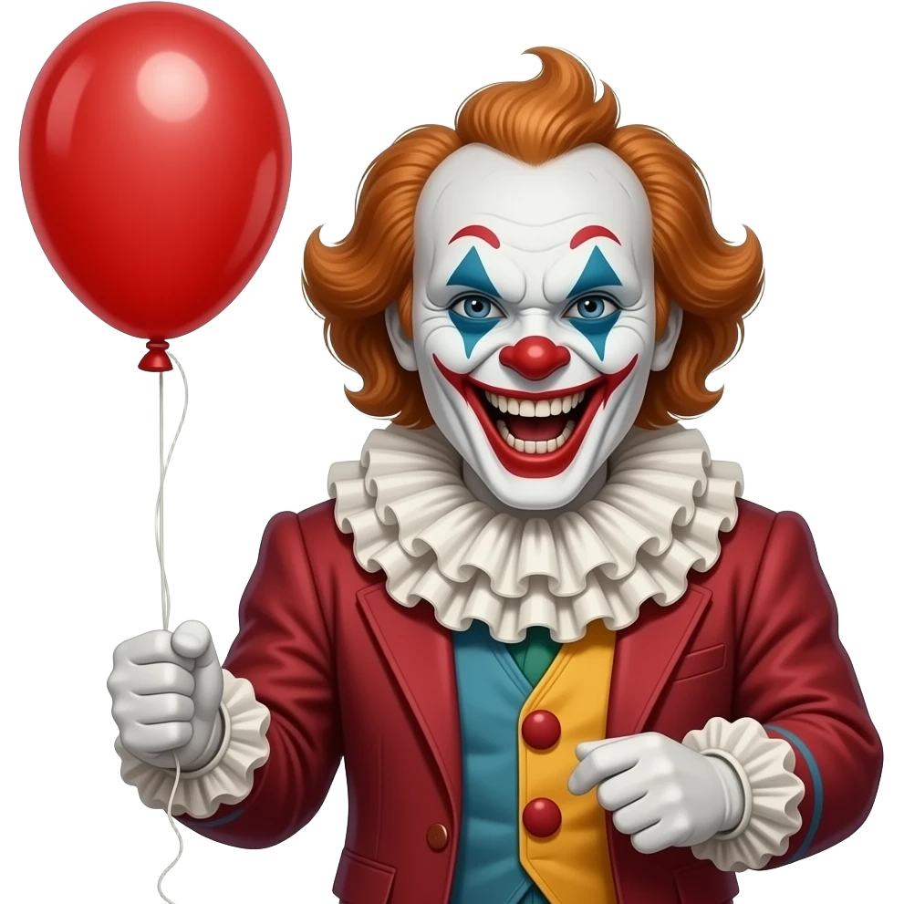 Pennywise emote for me with a red balloon in his hands and a wide, terrifying smile that shows his face from the waist up in high definition. emoji