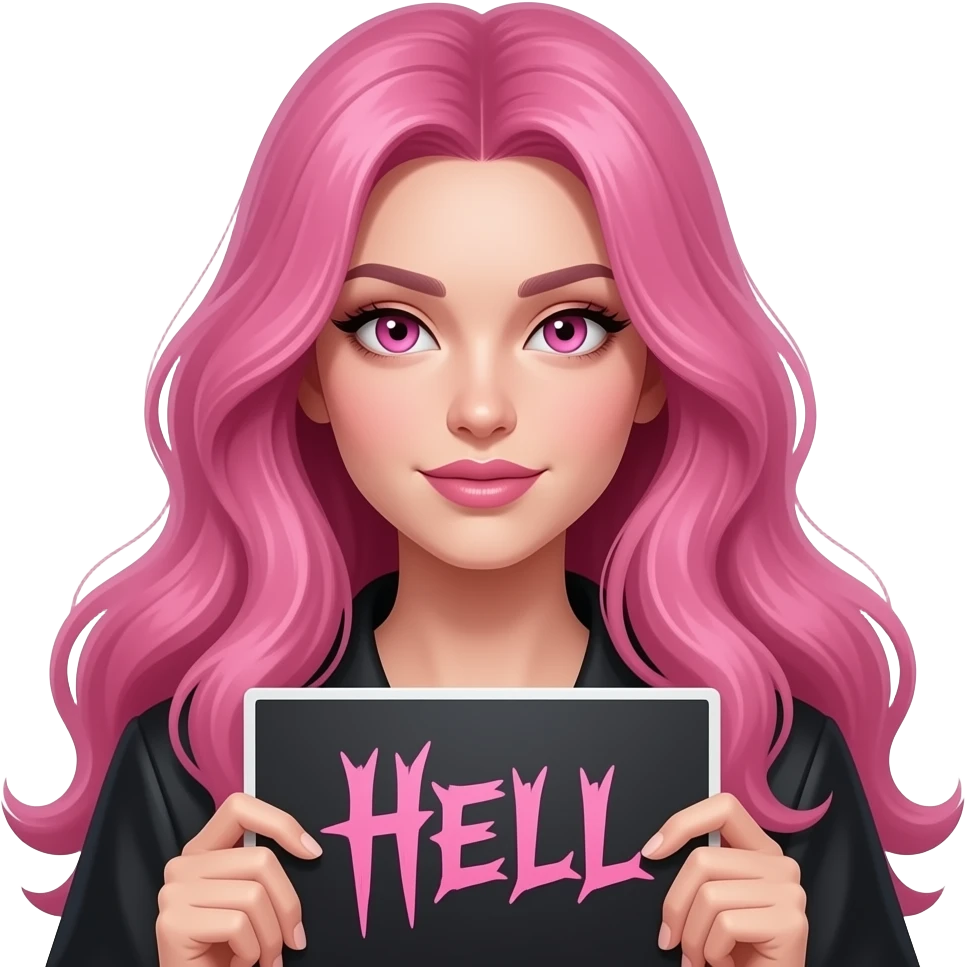 sexy girl with long pink hair and pink eyes wearing a holding a SCARY AS HELL sign emoji