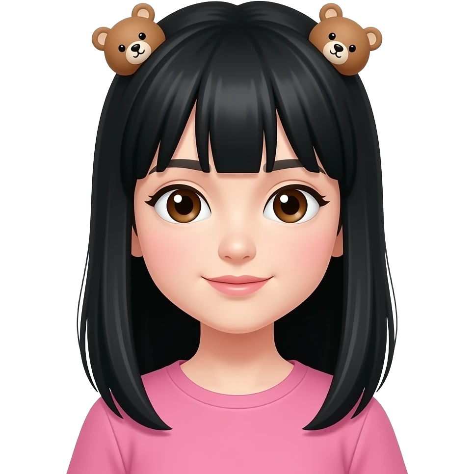 una chica pelinegra lacia con piel blanca, camisa rosita, ojos marrones y unos ganchitos de osito emoji
