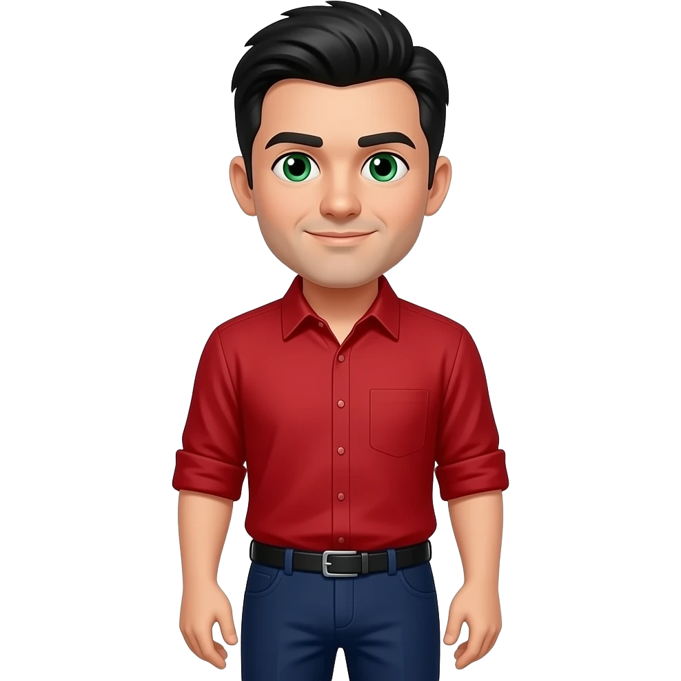 make a man whit dark blue pants green eyes black hair red shirt in this position🧑 emoji