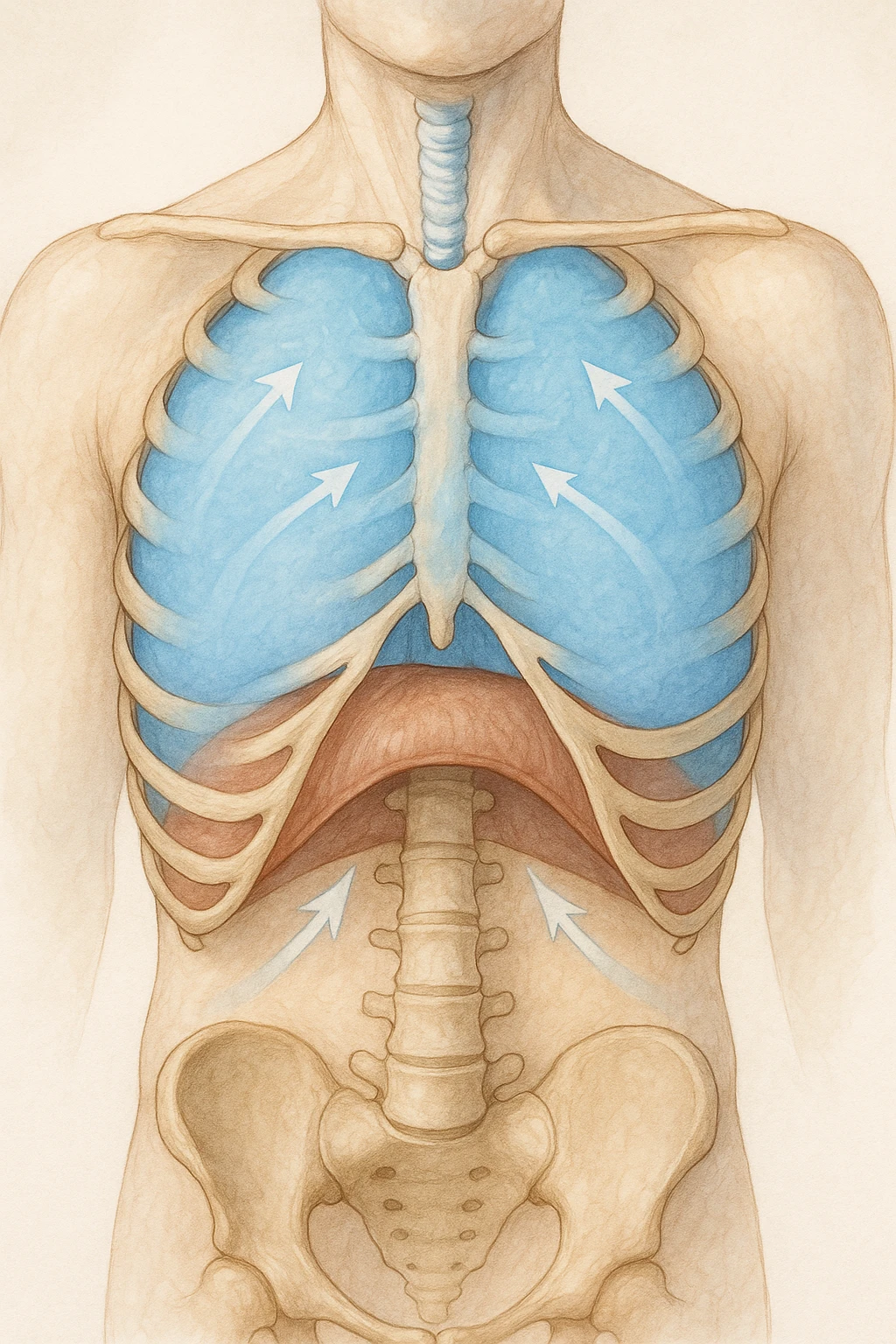 A realistic, high-quality anatomical illustration showing a human torso with visible rib cage and diaphragm. The ribs are shown in a decompressed, expanded state, allowing full lung expansion, while the diaphragm is depicted as relaxed and lowered, indicating deep, efficient breathing. Soft blue and warm tones highlight airflow and lung capacity, with light arrows illustrating the air movement during diaphragmatic breathing. The image conveys a sense of calm, openness, and optimal breathing mechanics, useful for physiotherapy, breathing education, and osteopathic learning contexts emoji
