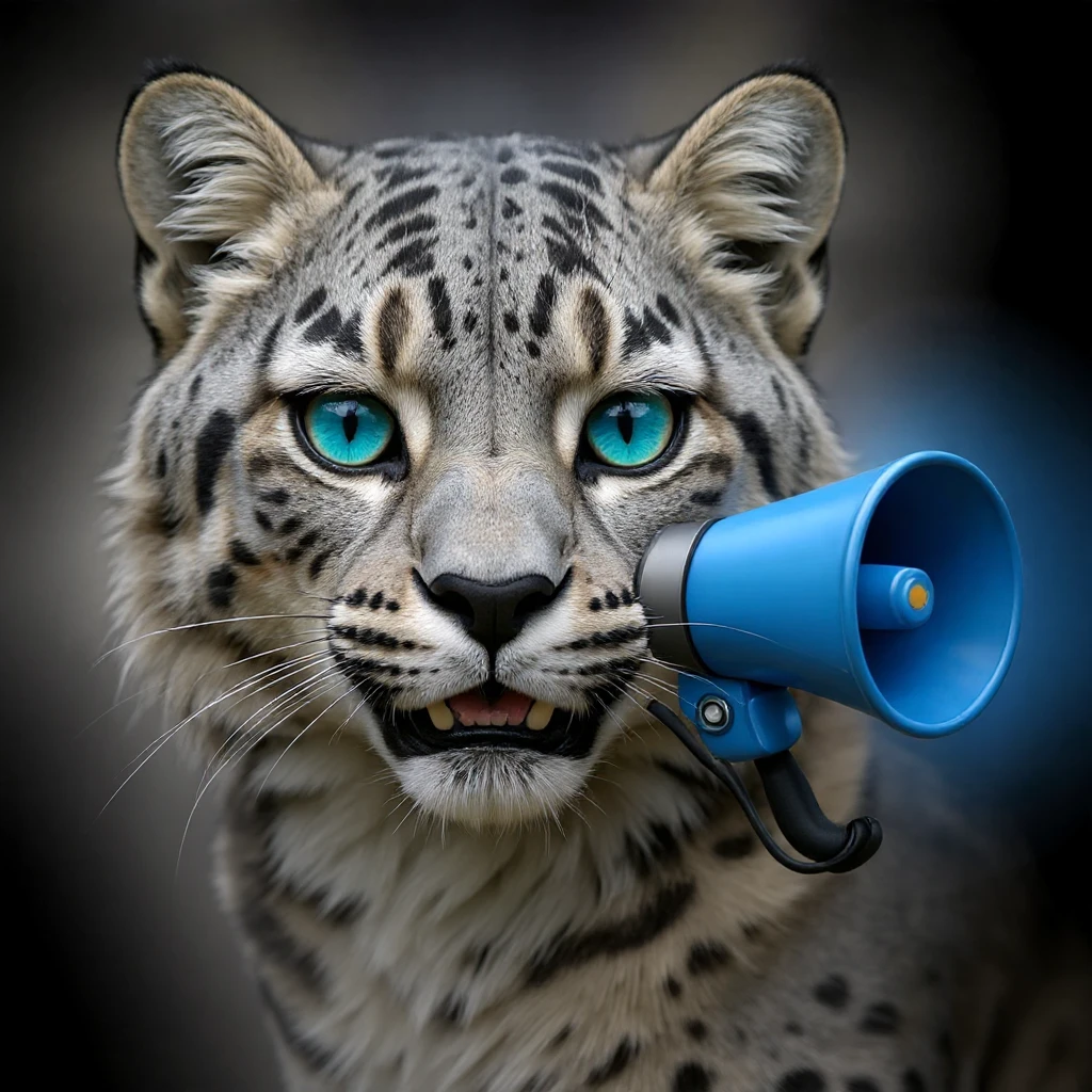 Enhance the snow leopard's eyes to be bright blue while maintaining the realistic professional photography style. Keep the background transparent if possible, otherwise use the style's default opaque background. emoji