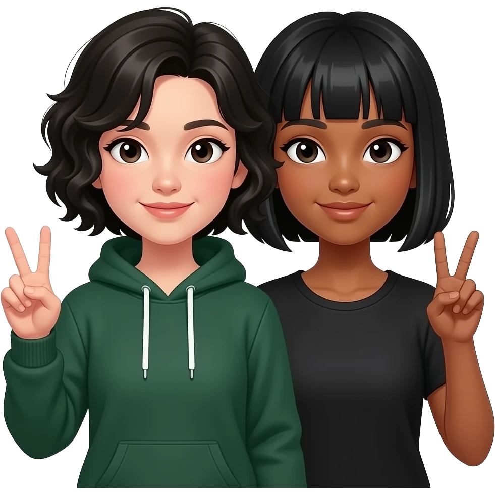 a wihte short (height) girl w dark green hoddie, black wavy tall hair w making the ✌🏻 another White, slightly dark brown same height as hergirl w black short hair n bangs making the ✌🏻 w her n there close to each other emoji