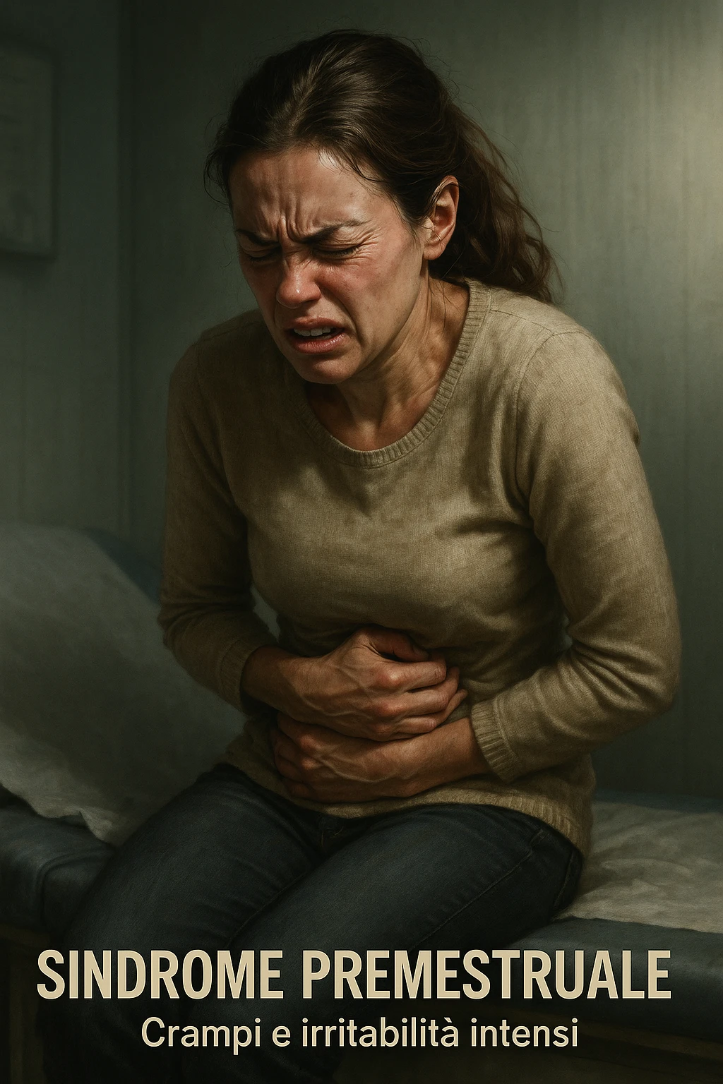 realistic and cinematic illustration of a woman suffering from severe cramps and irritability due to premenstrual syndrome, painful expression, contracted posture, clinical atmosphere, dramatic lighting, realistic details, Italian captions, vertical 2:3 format emoji