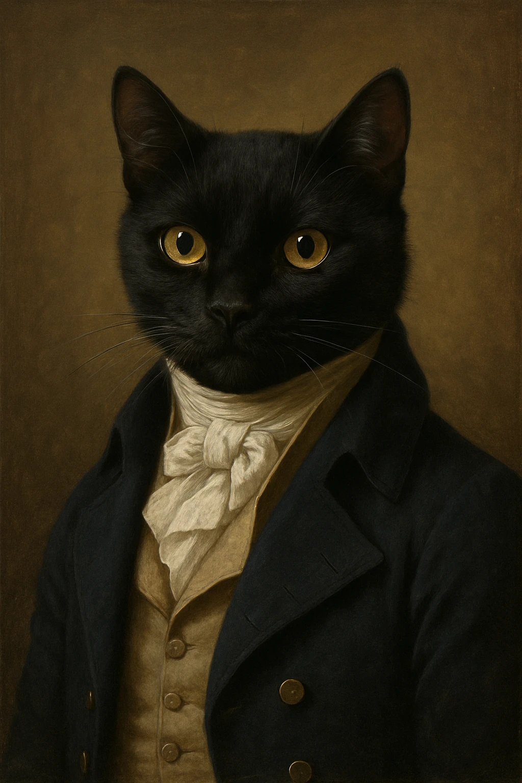 black cat dressed as a gentleman from Pride and Prejudice, with a cravat and tailcoat emoji