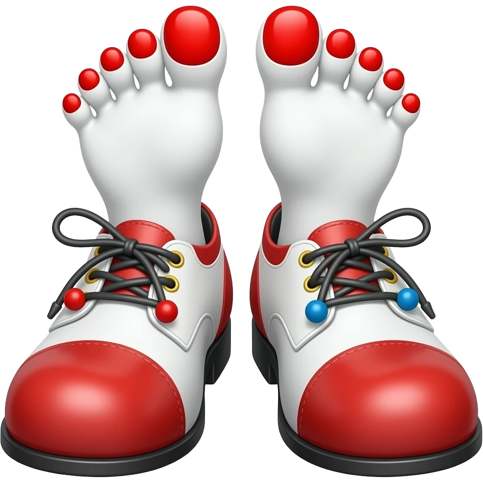 White toes with red toenails stick out of the front of clown shoes emoji