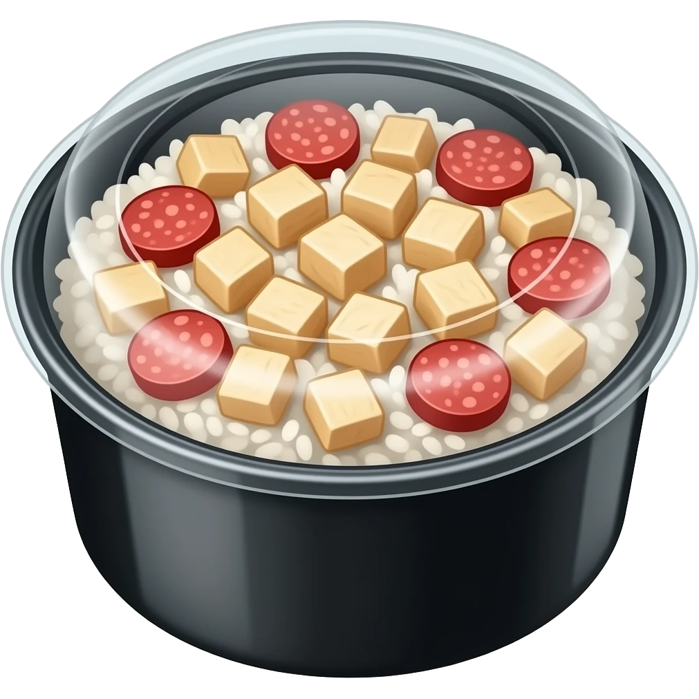 Rice bowl in a round plastic black box. It has rice topped with chicken cubes,sausage slices emoji