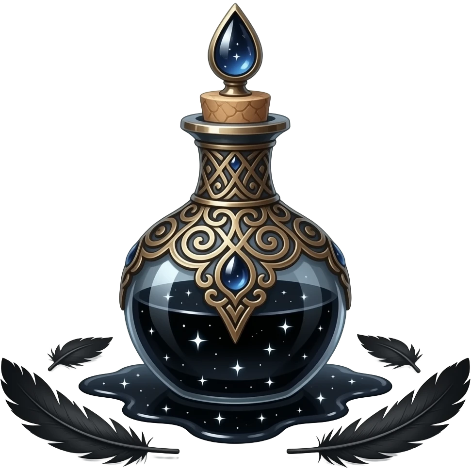 an obsidian scribe’s vial, forged in swirling dusk‑metal filigree, crowned with a teardrop seal, ink pooling like shadowed starlight around black fallen feathers, resting upon a silent dark plane, radiating the quiet gravity of forgotten words emoji
