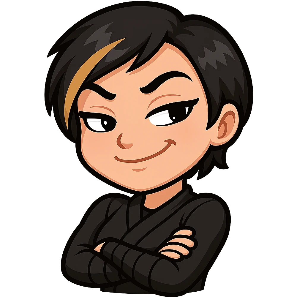 Sexy chibi ninja girl with black short hair and a blonde streak, only head and arms, colorful chibi style with bold outlines, transparent background, no mask, smug grin with a sideways glance and arms crossed, sized for Twitch emoji use. emoji