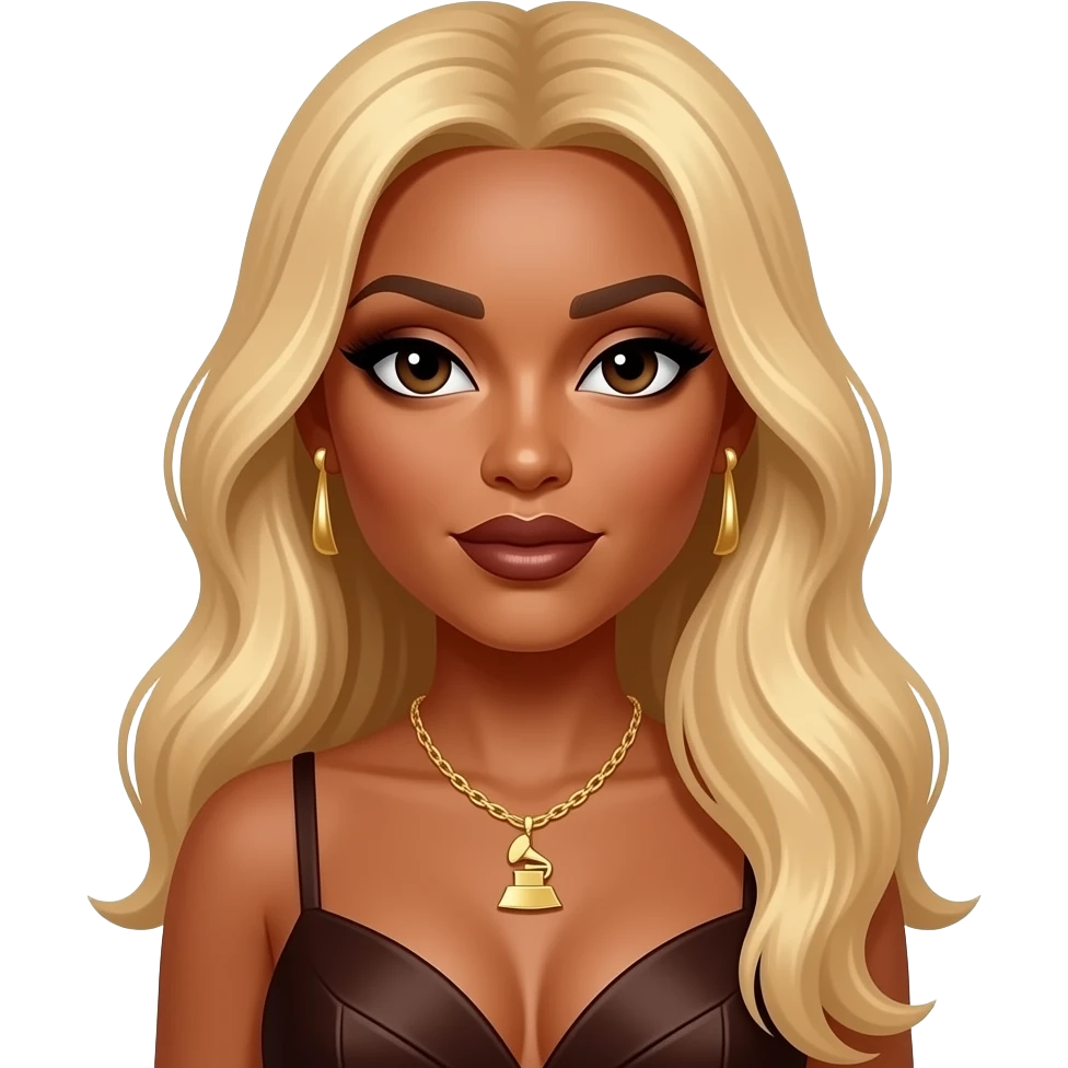Victoria Monét, R&B Singer with dark brown eyes, long blonde hair, brown eyeshadow, dark brown lipstick, dark brown grammy dress, necklace and earrings emoji