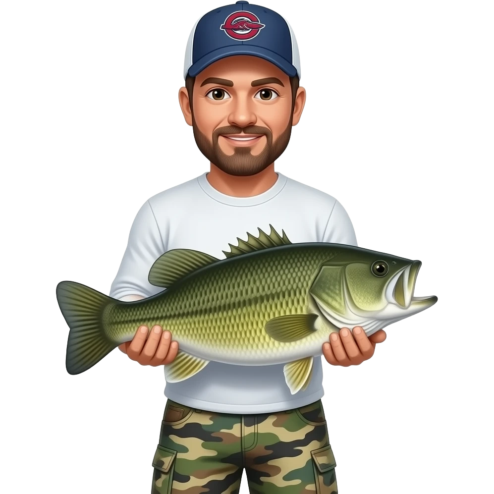 an adult with a white long sleeve T-shirt, and camouflage carpenter shorts and Us gamecock baseball hat holding a bass fish emoji