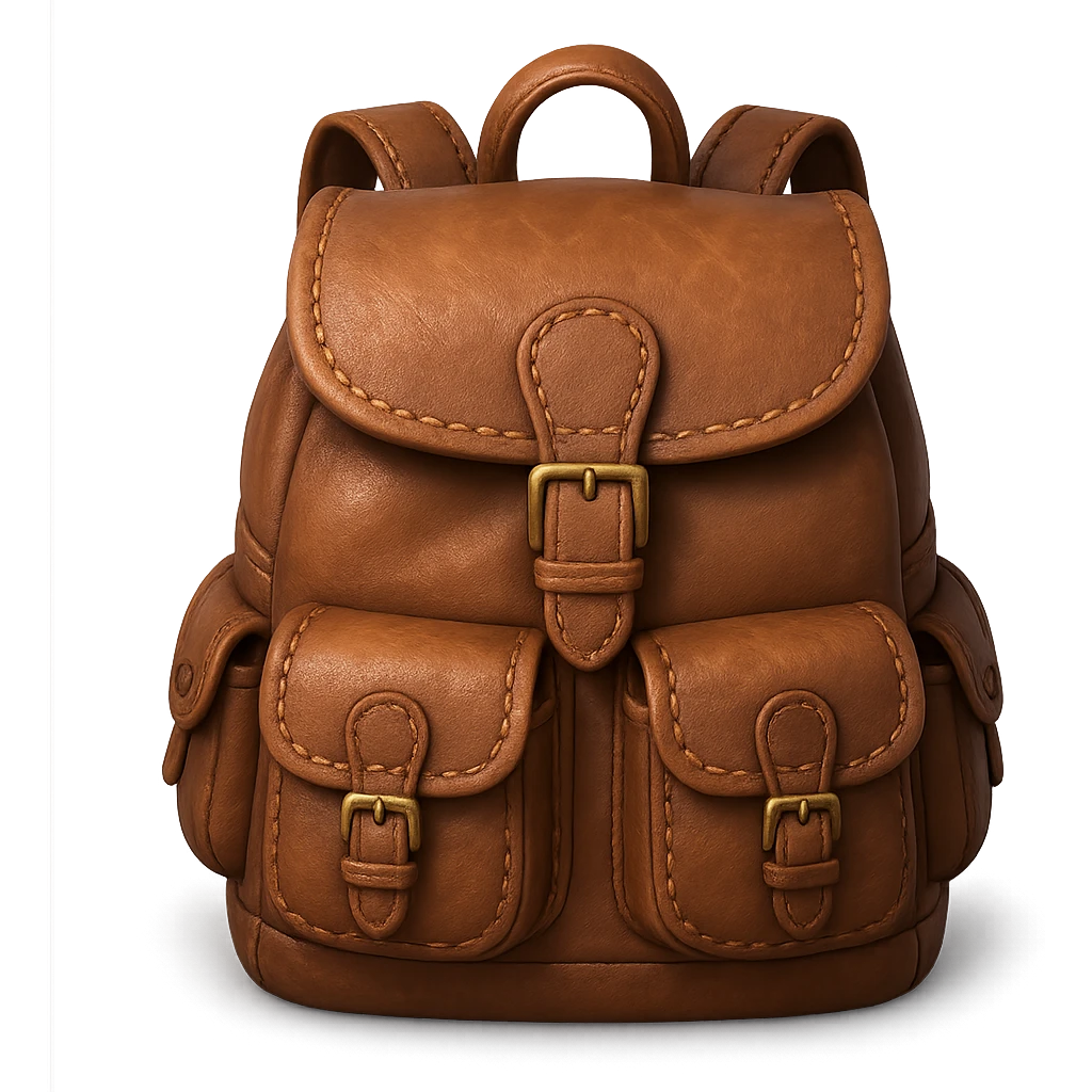 Draw a Pixar-style leather backpack. The backpack should be visible from the front and top. emoji